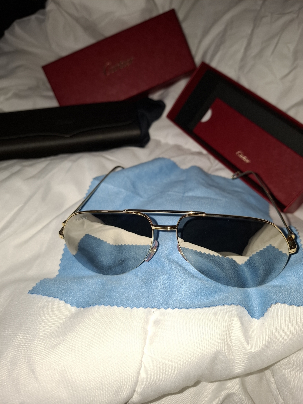 Cartier Gold Aviator Sunglasses with Dark Blue Lenses